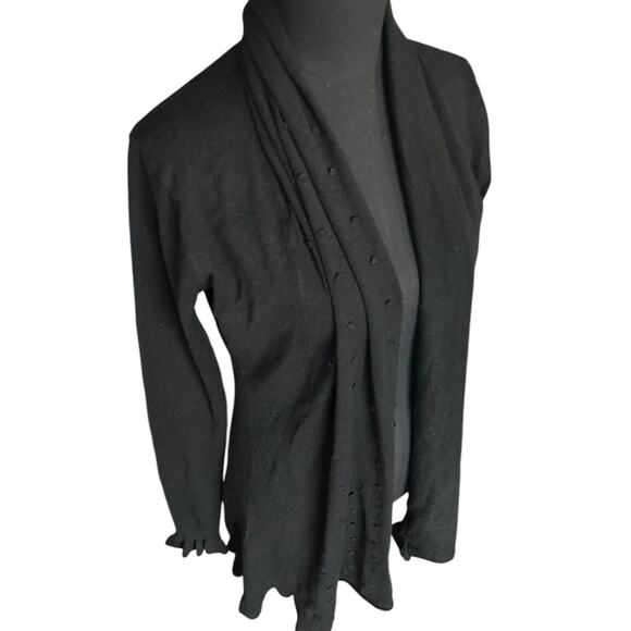 Lapis Black Ruffle Hem Textured Polka Dot Cardigan Size PM - Picture 2 of 5